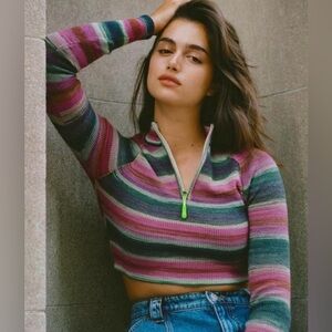 Urban Outfitters Lexi Cropped Viscose Blend Half Zip Sweater Top Striped Small
